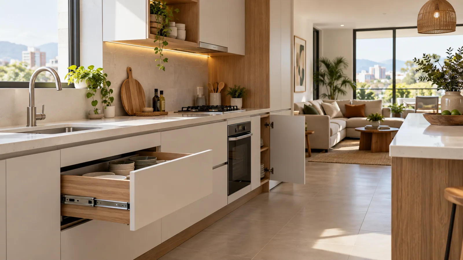 Cocina remodelada con gabinetes a medida en blanco mate y acentos en madera de roble