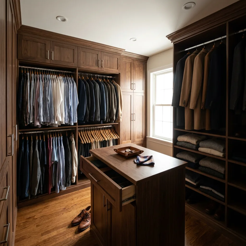 Walk-in closet terminado con colgado doble, estantería abierta e isla central con cajonería