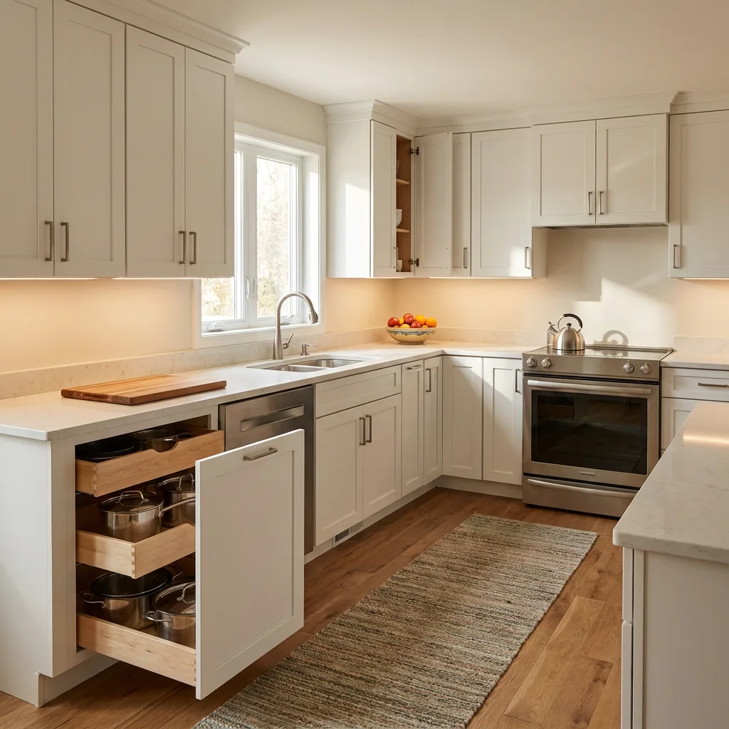 Cocina integral terminada con gabinetes blancos y cajón extraíble con ollas