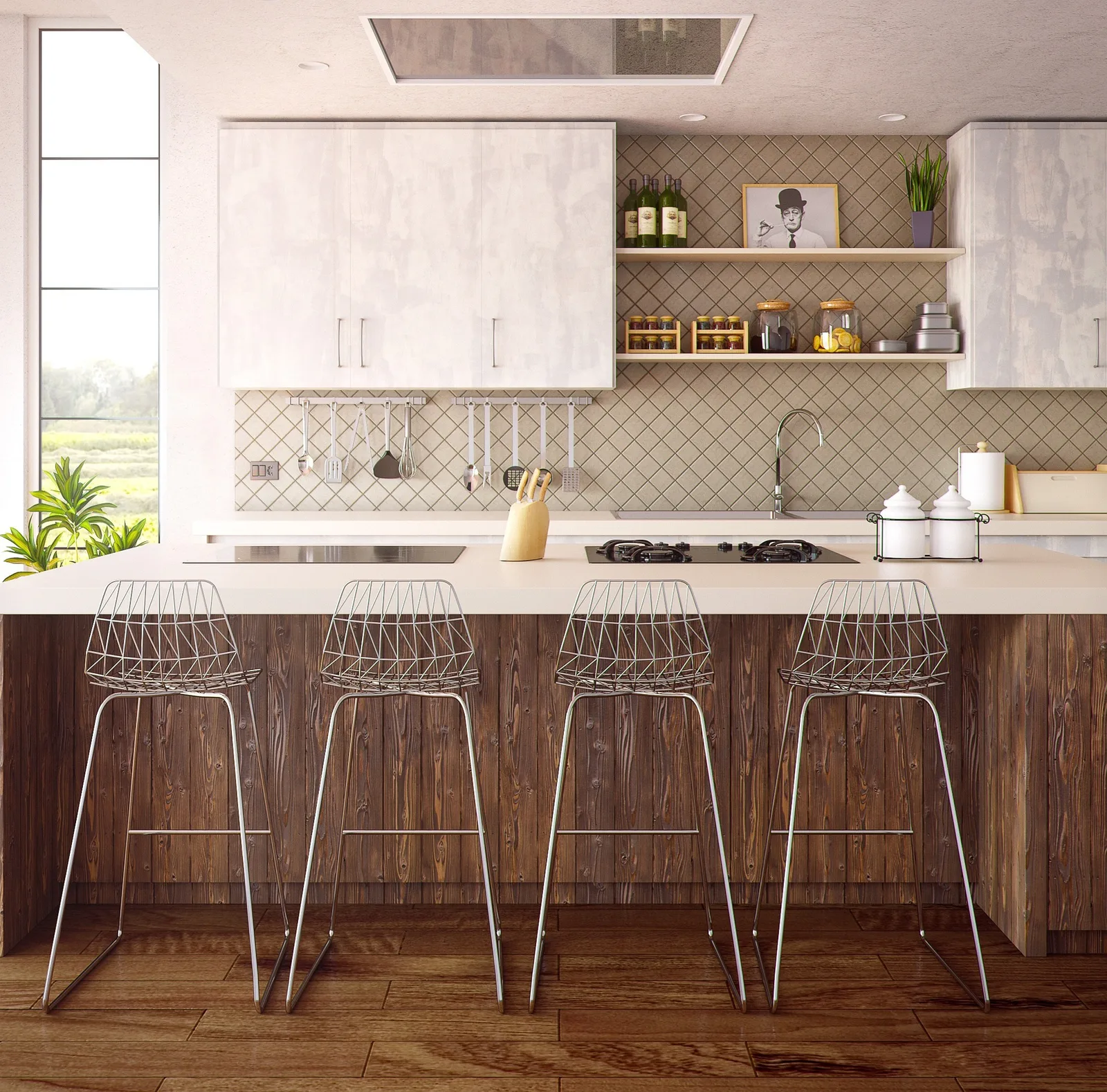 Cocina moderna con isla de madera y taburetes altos